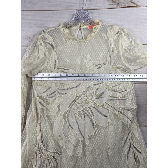 Free People Tunic Dress S Cream Floral Lace Mesh 3/4 Sleeve Vintage Look Boho - Picture 6 of 15